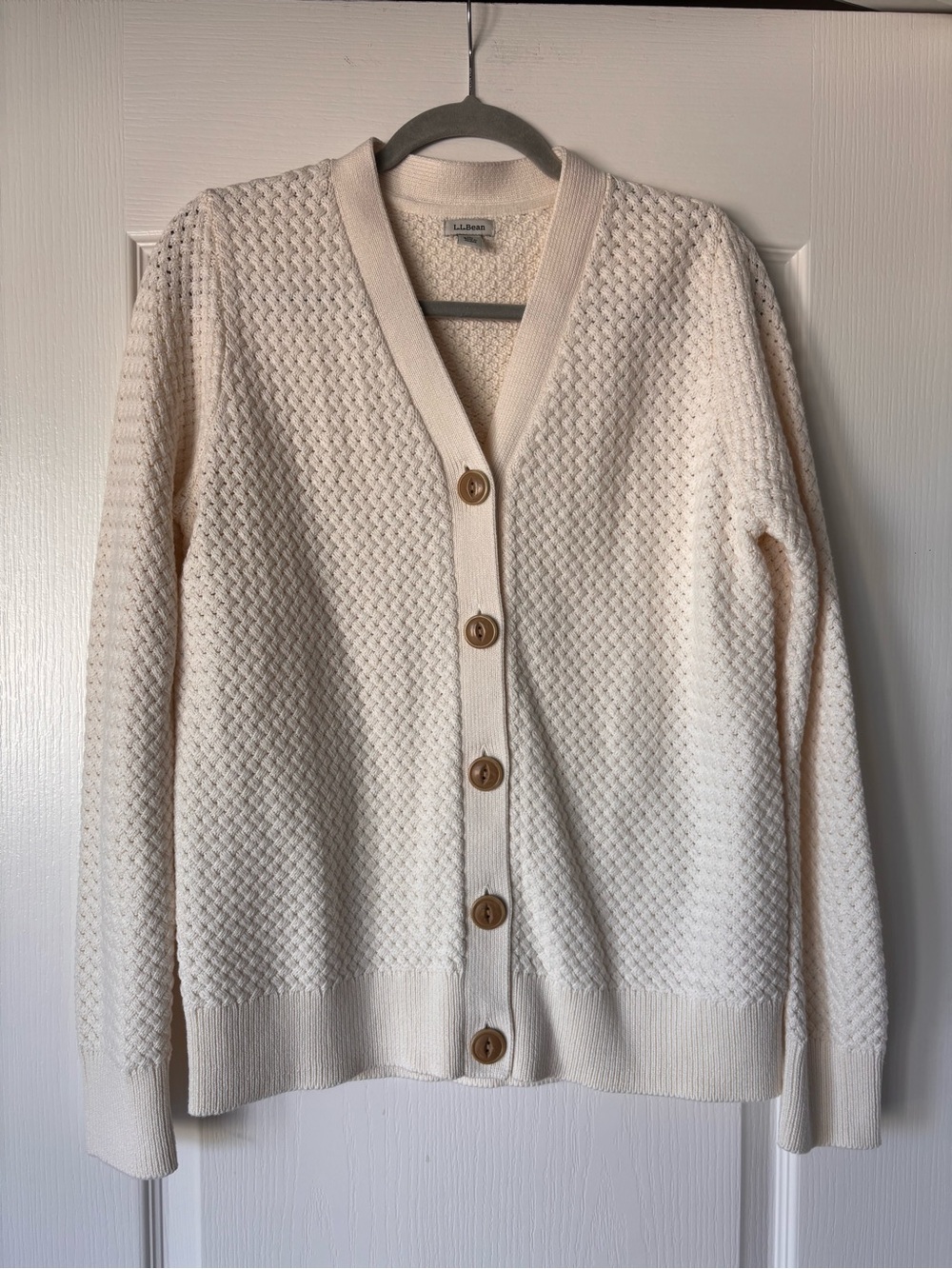 L.L. Bean Cardigan Basket Weave Cream Women’s Small 100% Cotton Button Sweater